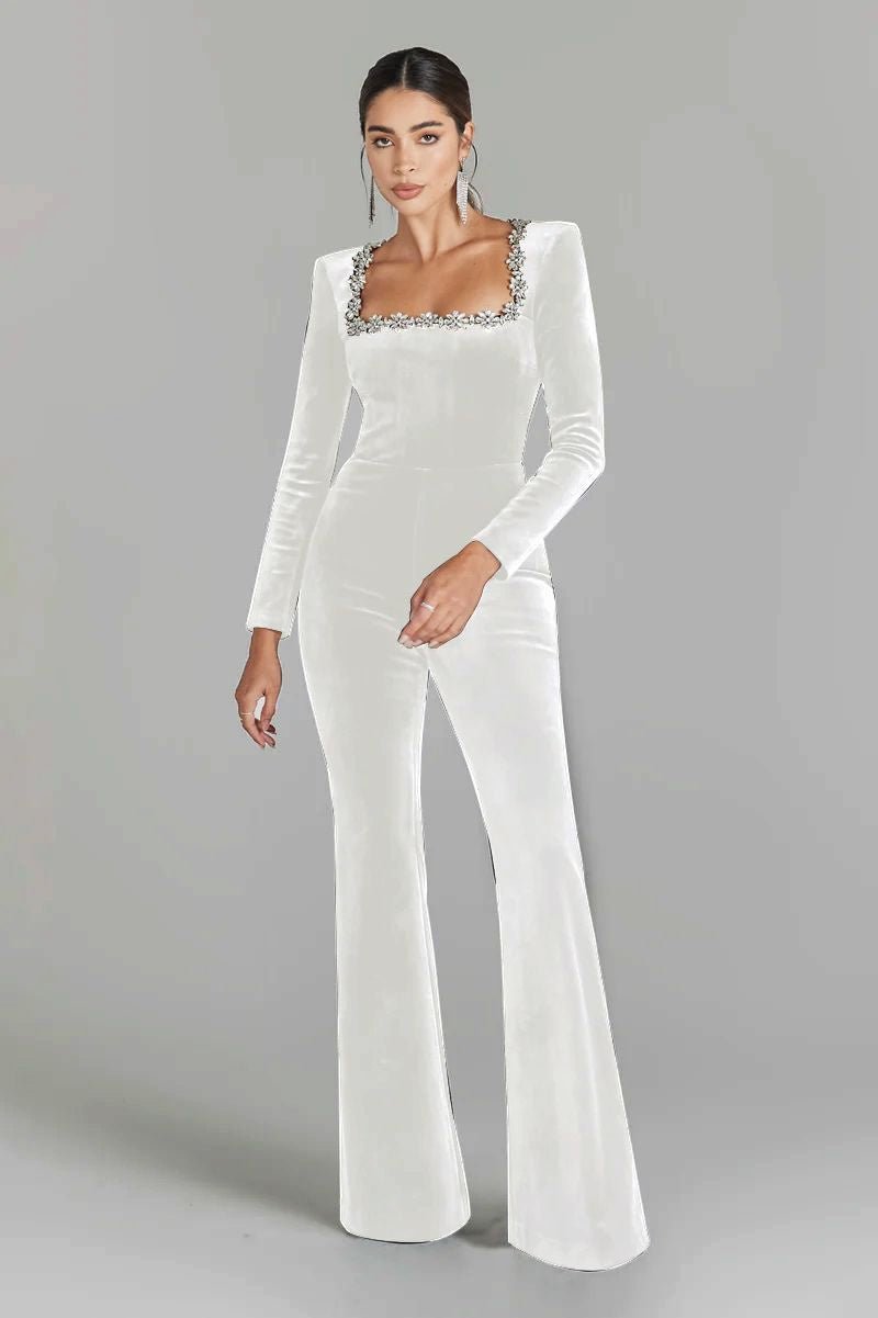 Women’s diamond-encrusted square-collar flared jumpsuit from Plush Fashion Hub, casualwear with elegant diamond details and a stylish fit.
