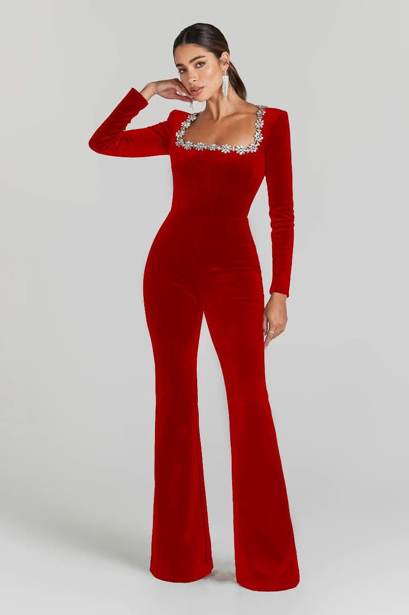 Women’s diamond-encrusted square-collar flared jumpsuit from Plush Fashion Hub, showcasing elegant casualwear with intricate diamond details.