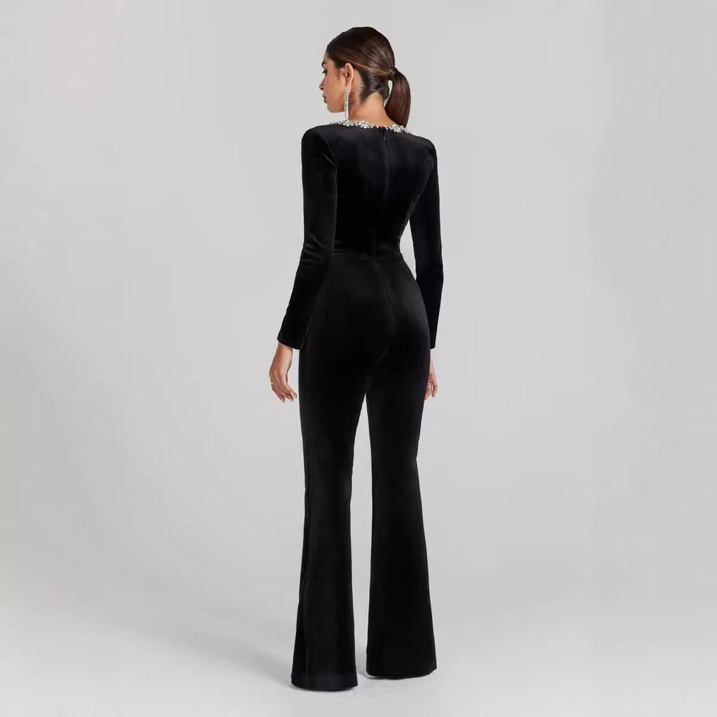 Women’s diamond-encrusted square-collar flared jumpsuit from Plush Fashion Hub, showcased with a fitted waist and wide-leg design.