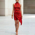 Women's double-layer asymmetrical hem mini skirt in casualwear style, by Plush Fashion Hub, shown in a fashionable outfit.