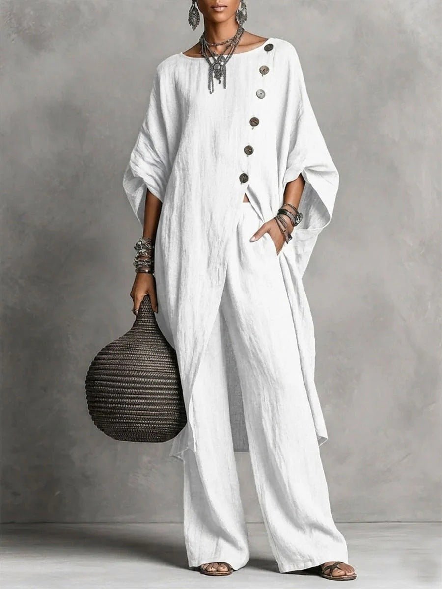 Women's casual drop shoulder three-quarter sleeve irregular shirt and pants set by Plush Fashion Hub, shown in a relaxed fit.