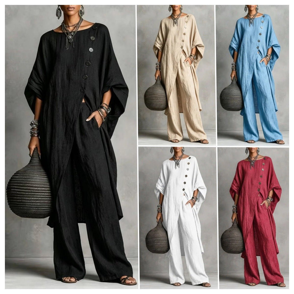 Women's casual drop shoulder three-quarter sleeve irregular shirt and pants set by Plush Fashion Hub, displayed on a model.