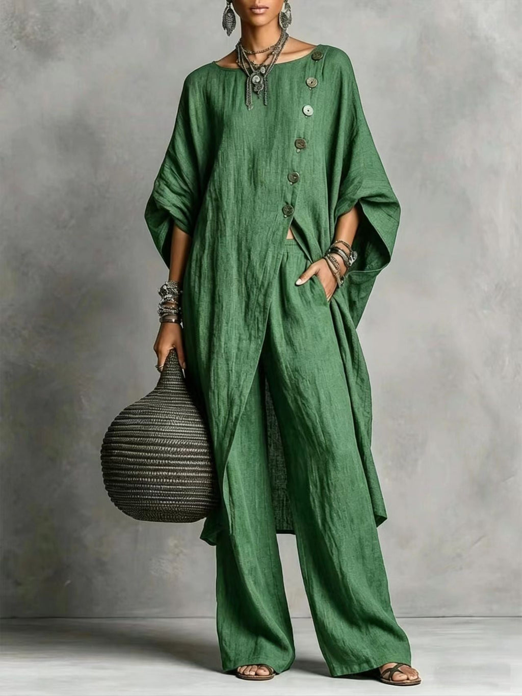 Women's casual drop shoulder three-quarter sleeve irregular shirt and pants set by Plush Fashion Hub, stylish and comfortable outfit.