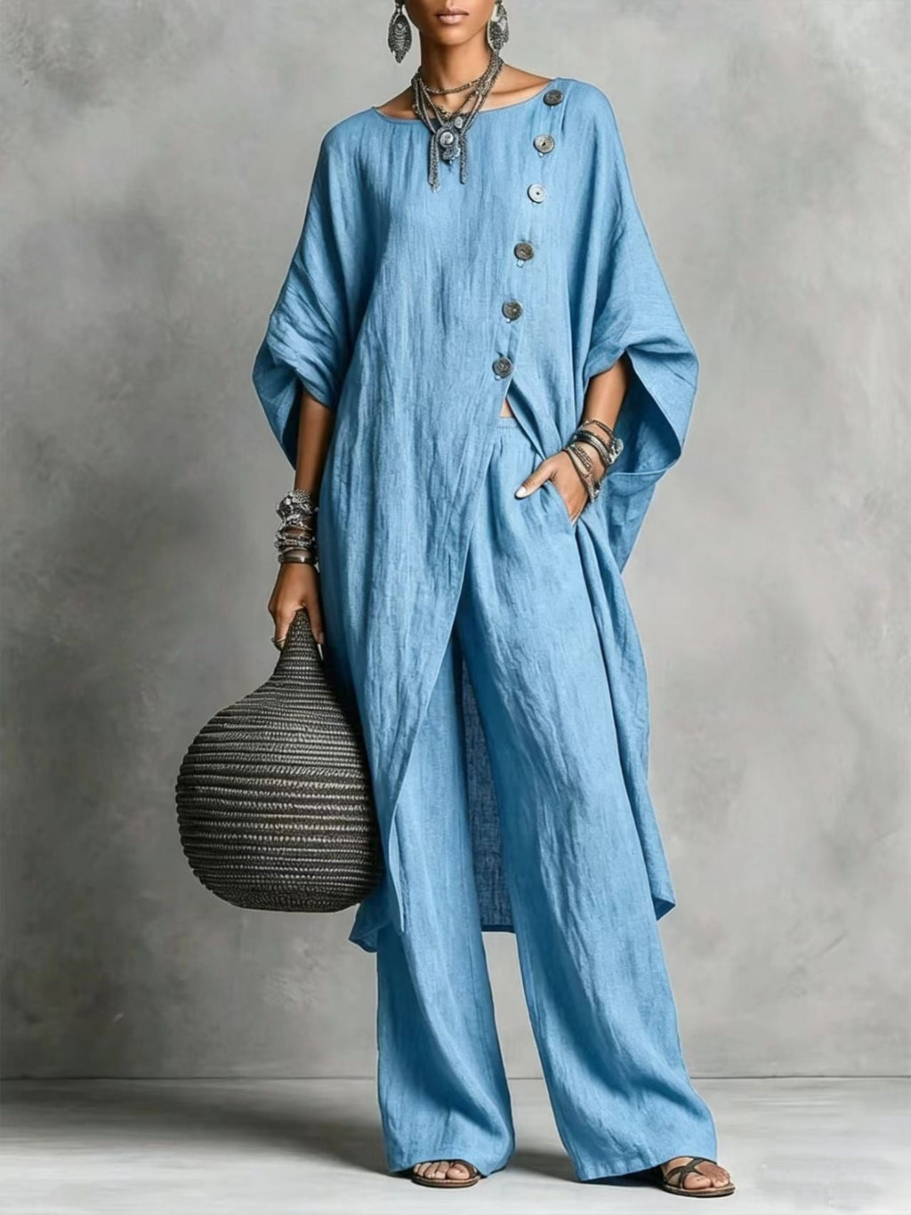 Women's casualwear drop shoulder three-quarter sleeve irregular shirt and pants set by Plush Fashion Hub, styled for relaxed comfort.