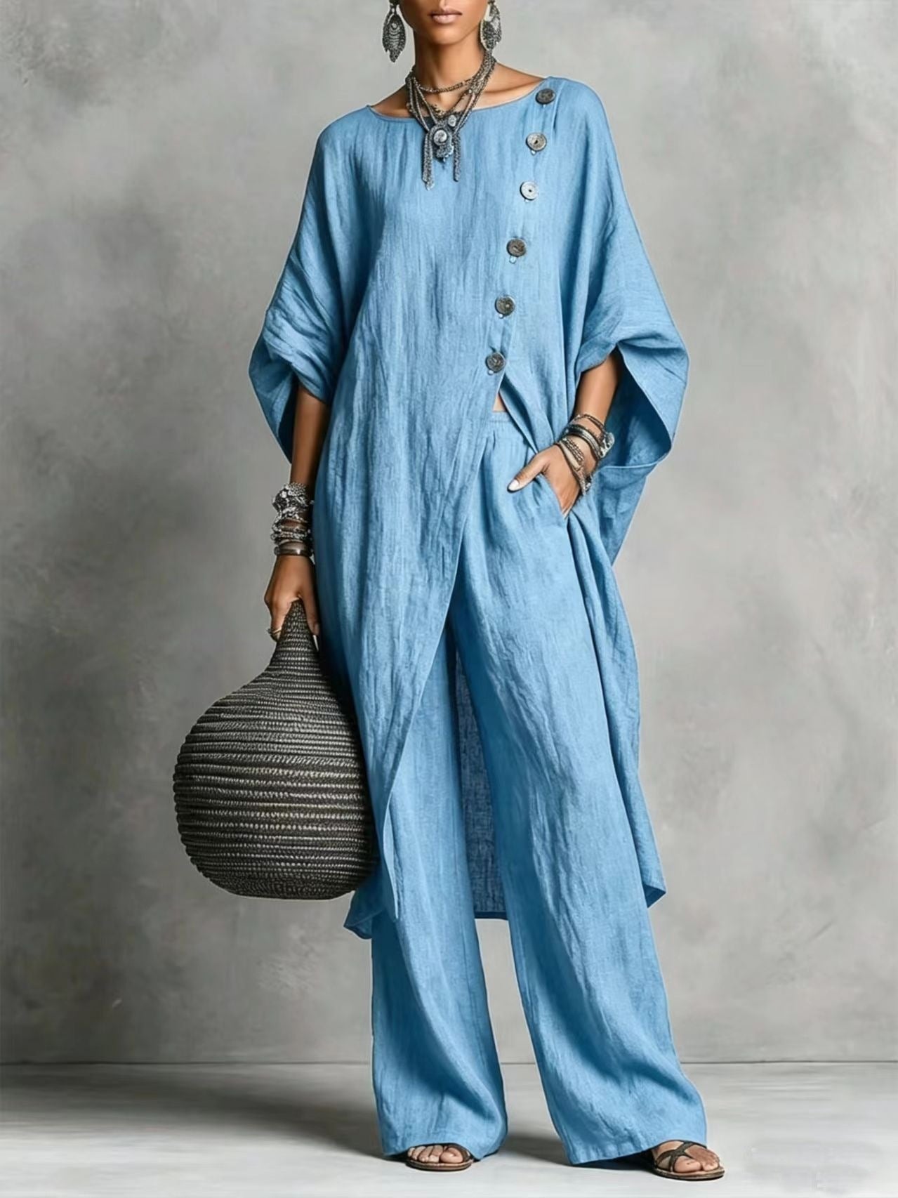 Women's casualwear drop shoulder three-quarter sleeve irregular shirt and pants set by Plush Fashion Hub, styled for relaxed comfort.