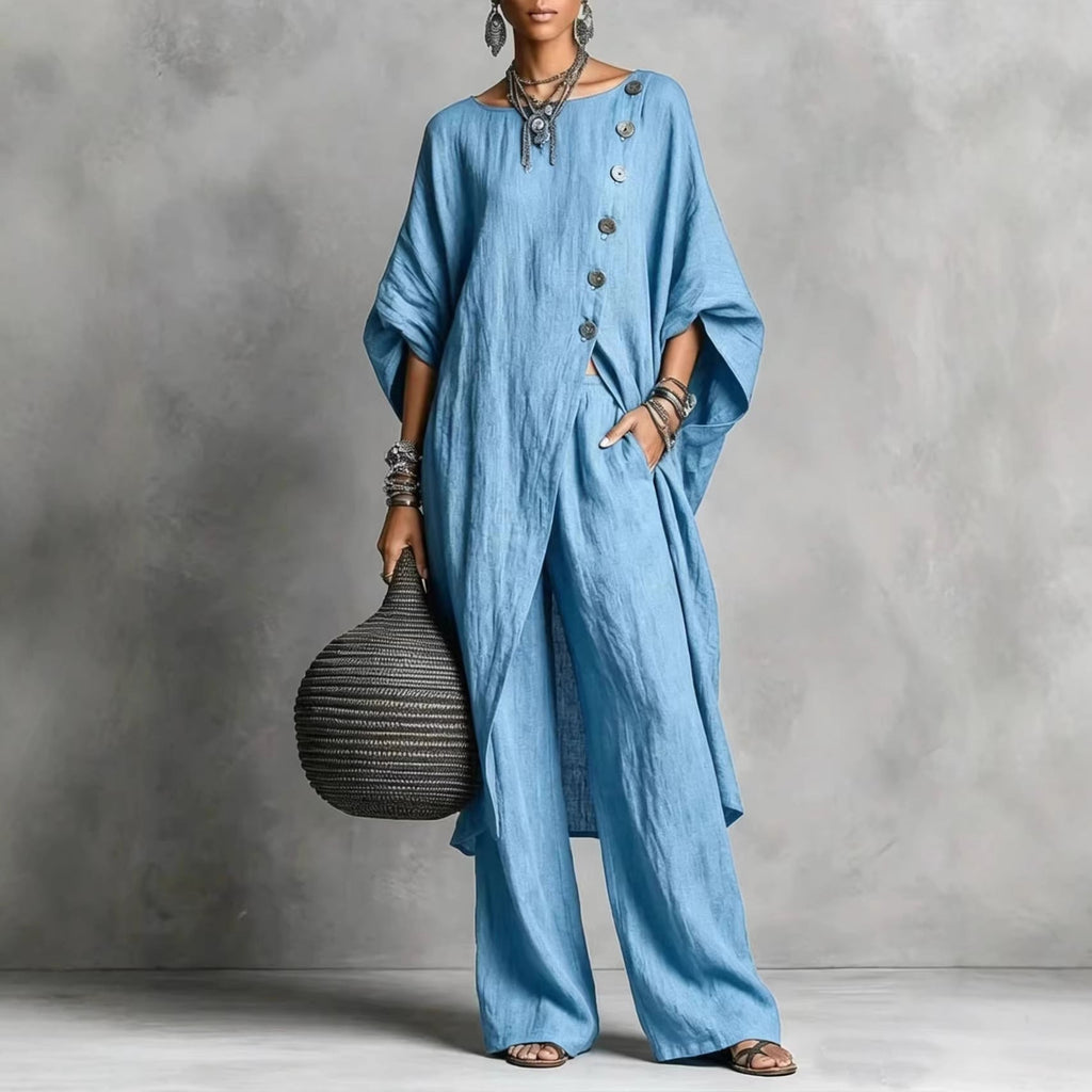 Women's casualwear set from Plush Fashion Hub featuring a drop shoulder three-quarter sleeve irregular shirt and matching pants.