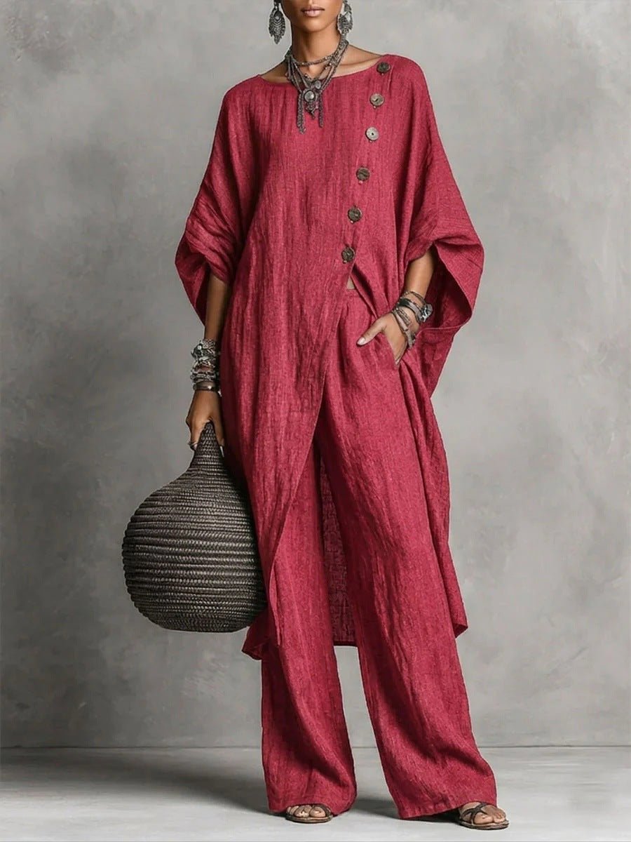 Women's casual drop shoulder three-quarter sleeve irregular shirt and pants set by Plush Fashion Hub, shown on a model.