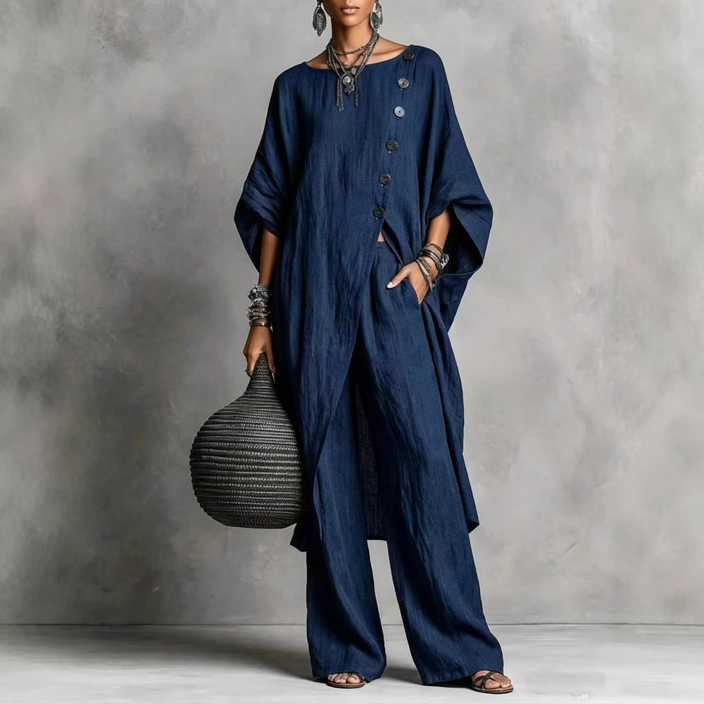 Women's casual drop shoulder three-quarter sleeve irregular shirt and pants set by Plush Fashion Hub, shown in a stylish outdoor setting.