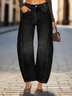 Women’s high-waisted jeans with elastic waistband, casualwear by FitiqueFit, displayed on a model showing front view.