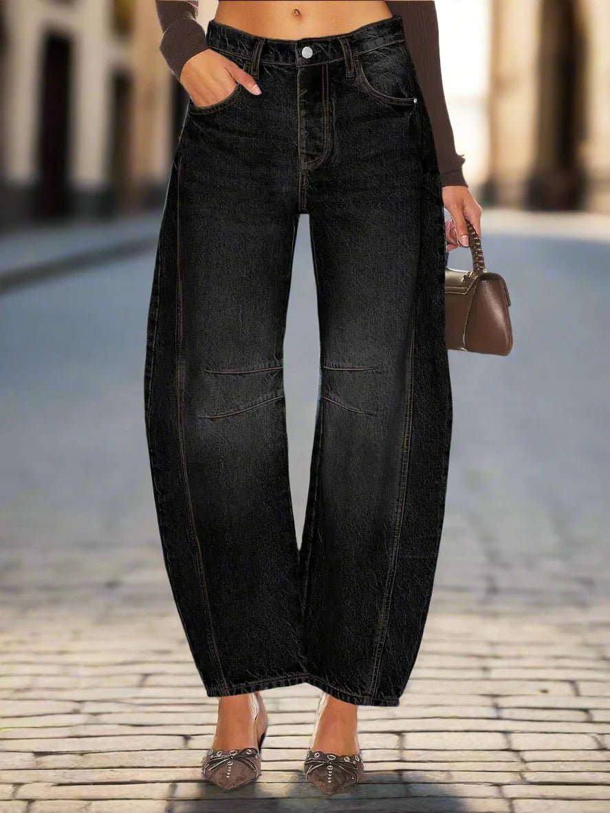 Women’s high-waisted jeans with elastic waistband, casualwear by FitiqueFit, displayed on a model showing front view.
