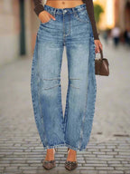 Women’s high-waisted casual jeans with elastic waist from FitiqueFit, showcasing a comfortable fit and classic denim style.