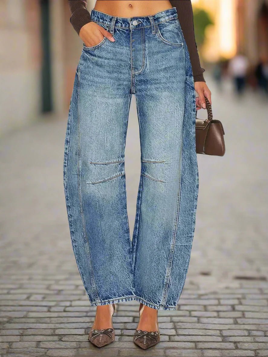 Women’s high-waisted casual jeans with elastic waist from FitiqueFit, showcasing a comfortable fit and classic denim style.