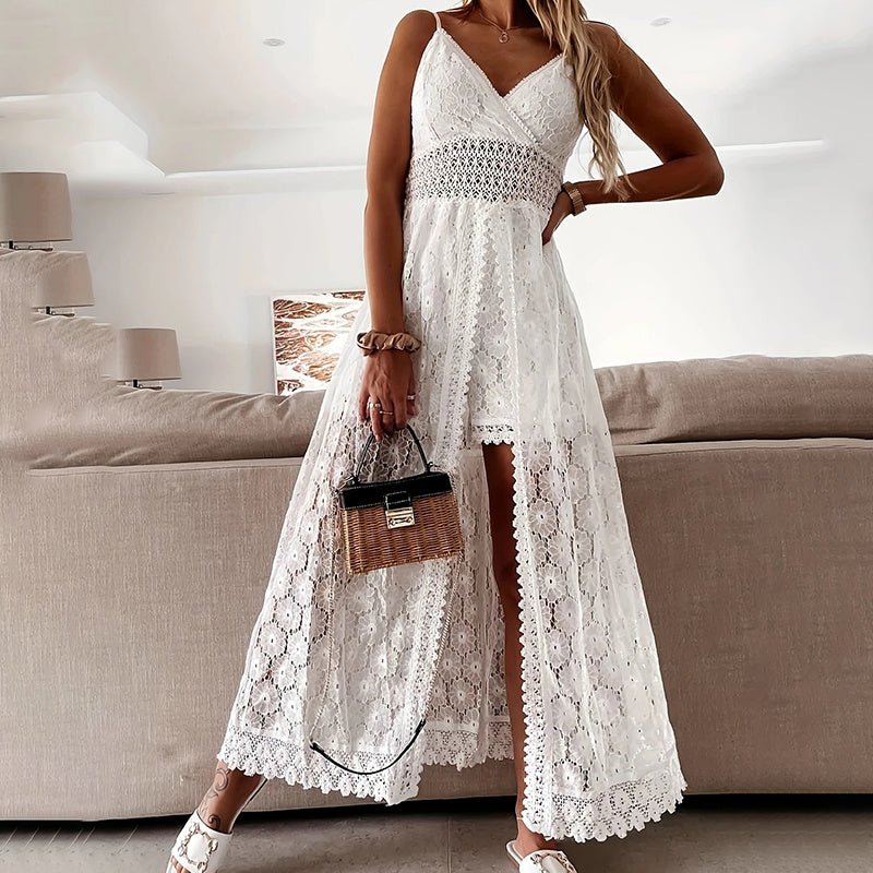 Women's elegant lace V-neck sleeveless jumpsuit by Plush Fashion Hub, showcasing a stylish casualwear design with intricate lace details.