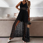 Women's elegant lace V-neck sleeveless jumpsuit by Plush Fashion Hub, showcasing intricate lace details and stylish casualwear design.