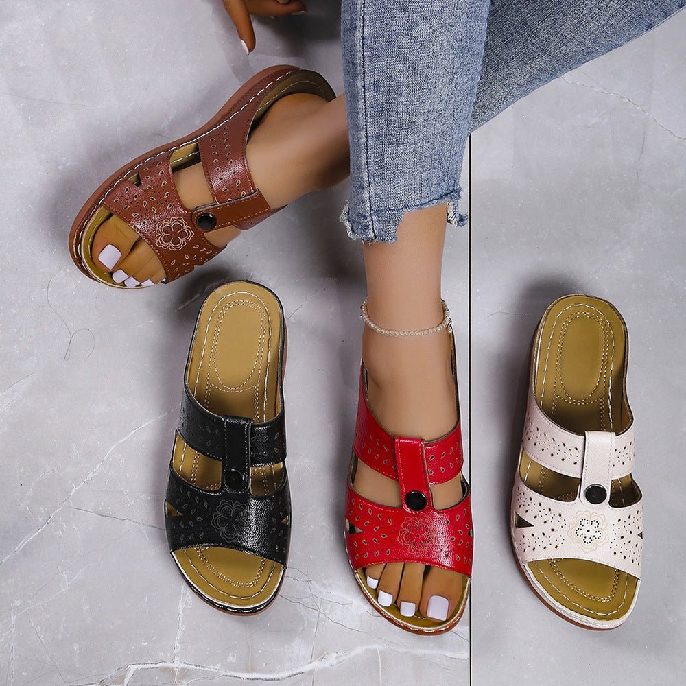 Women's European and American wedge heel flat sandals by Plush Fashion Hub showing stylish straps and comfortable sole.