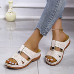 Women's wedge heel flat sandals by Plush Fashion Hub, featuring European and American design, with strappy style and comfortable sole.