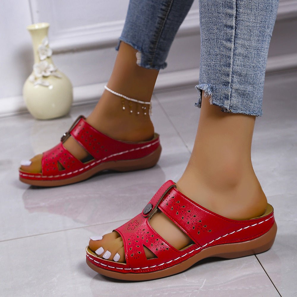 Women’s European and American wedge heel flat sandals by Plush Fashion Hub, with open toe and ankle strap, in neutral tones.
