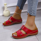 Women’s European and American wedge heel flat sandals by Plush Fashion Hub, with open toe and ankle strap, in neutral tones.