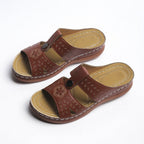 Women's wedge heel flat sandals by Plush Fashion Hub featuring European and American style, with open toe and ankle strap design.
