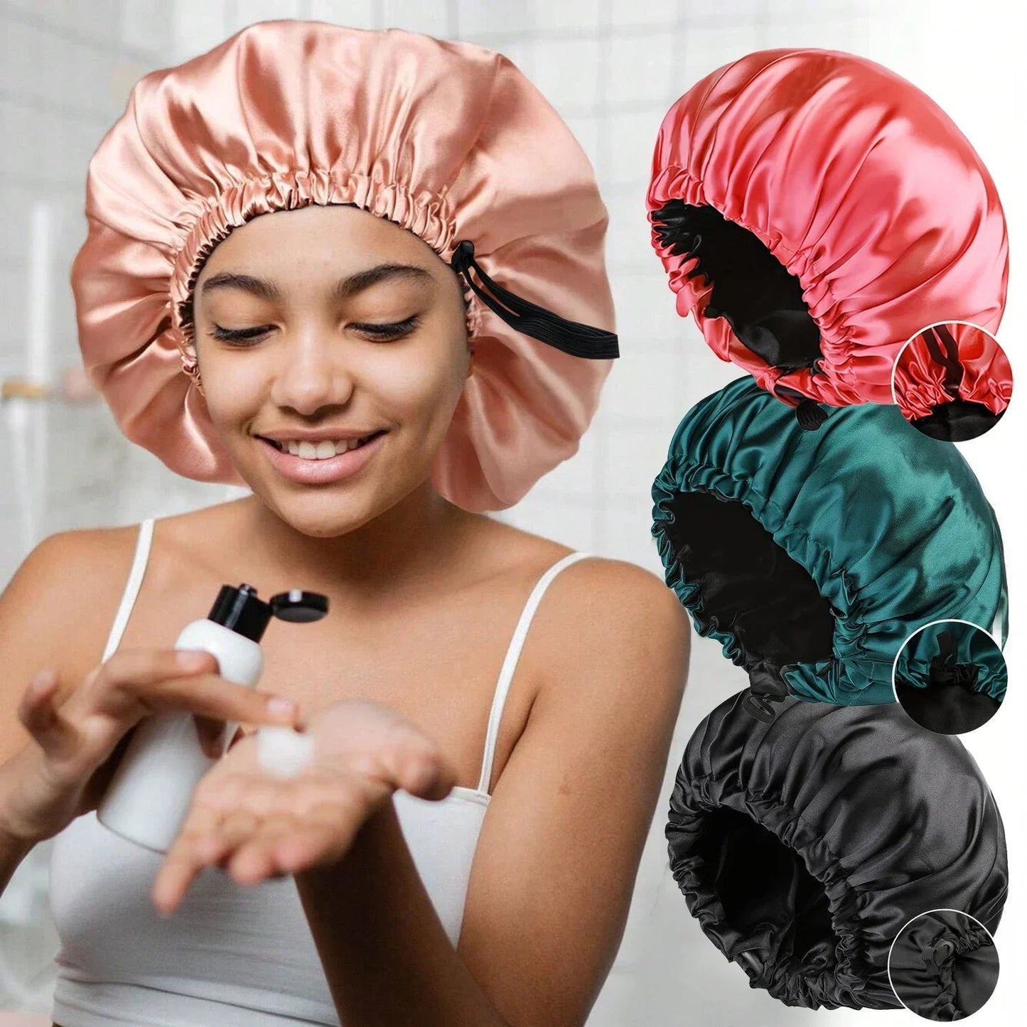 Women’s double-layer silk sleep bonnet by Plush Fashion Hub, adjustable hair hat with buttons for comfortable nightly wear.