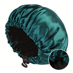Soft silk women's sleep bonnet with double layers, buttons, and adjustable fit, designed for comfortable nightly wear.