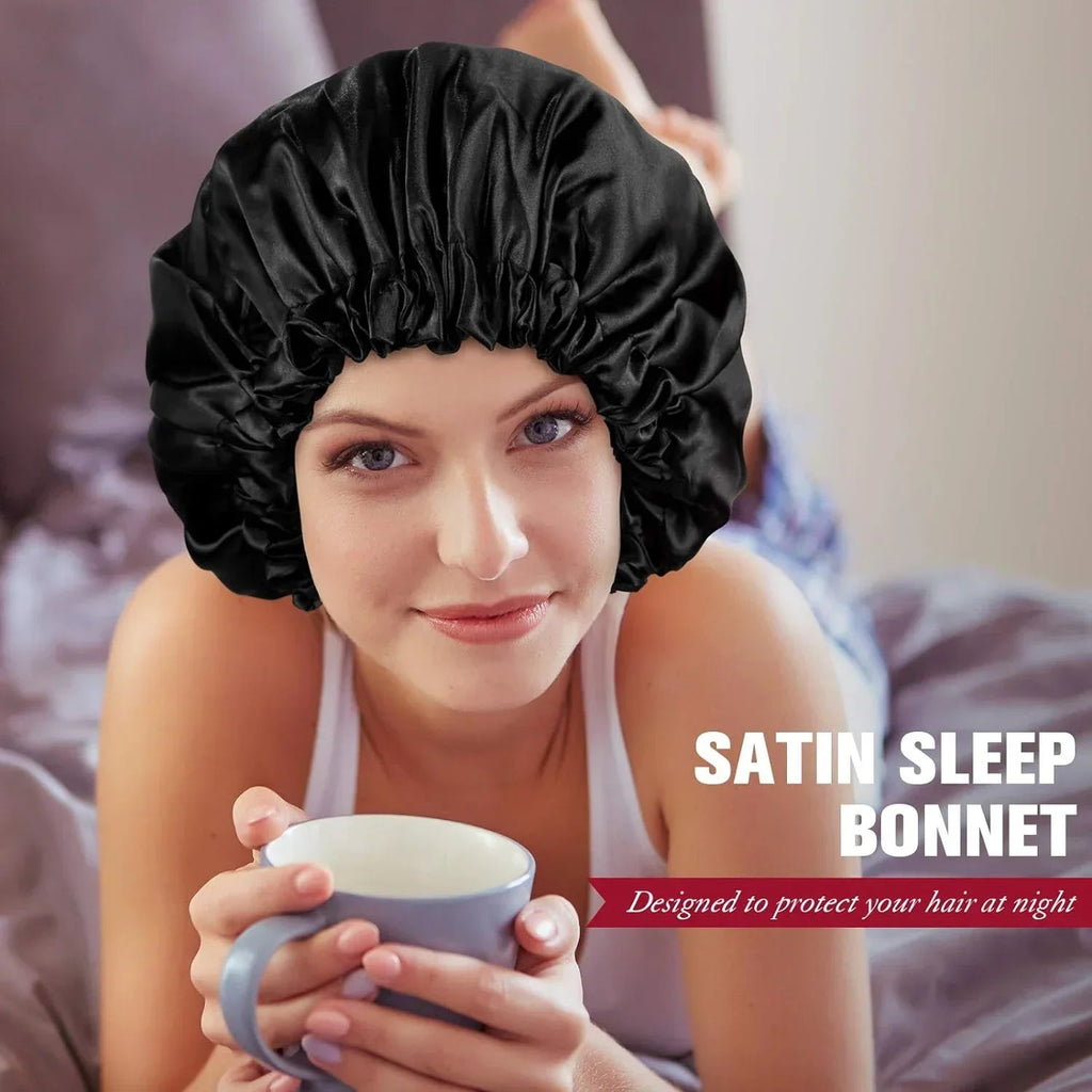 Perfecsy women's silk sleep bonnet with double layers, buttons, and adjustable fit for comfortable nightly hair protection.