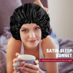 Perfecsy women's silk sleep bonnet with double layers, buttons, and adjustable fit for comfortable nightly hair protection.
