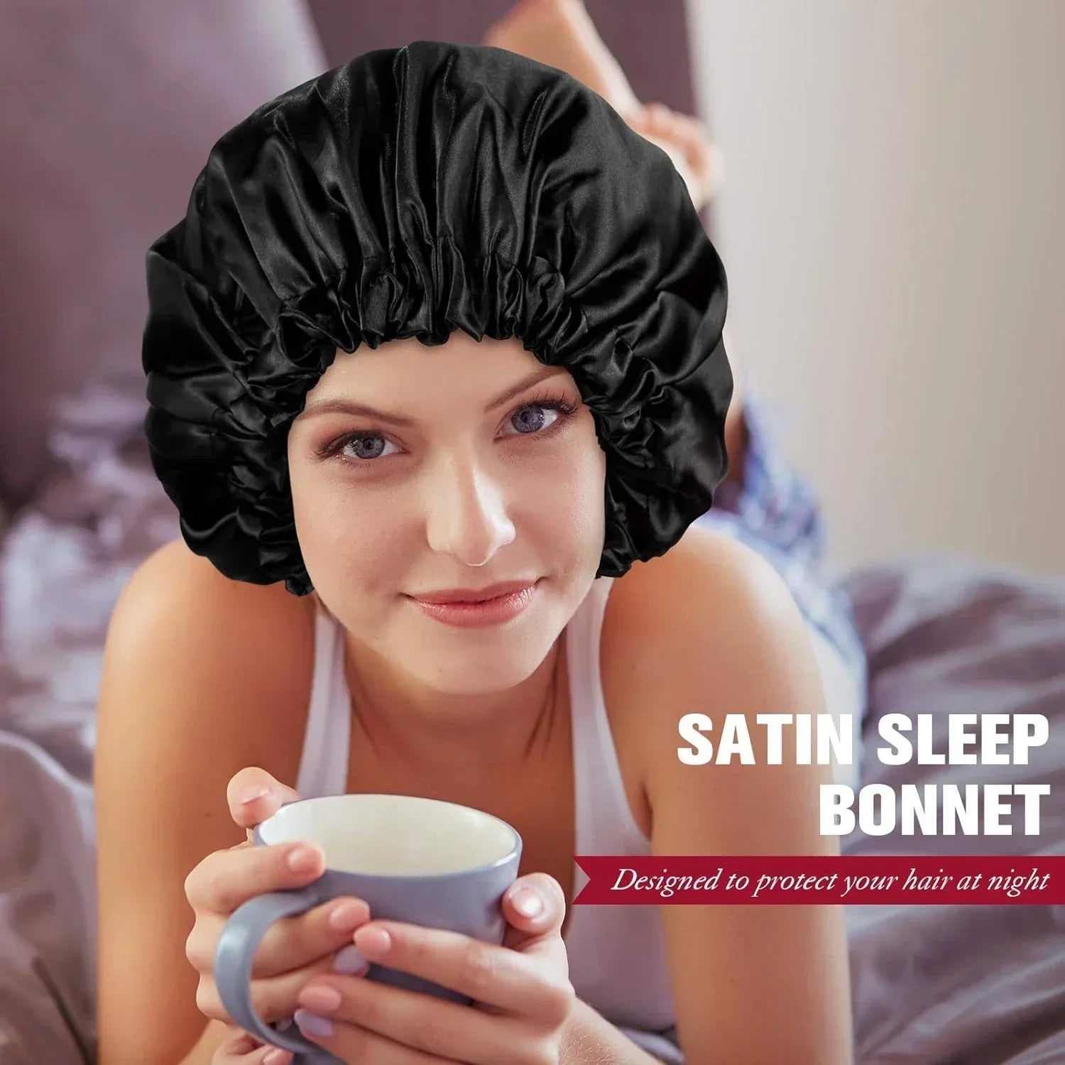 Perfecsy women's silk sleep bonnet with double layers, buttons, and adjustable fit for comfortable nightly hair protection.