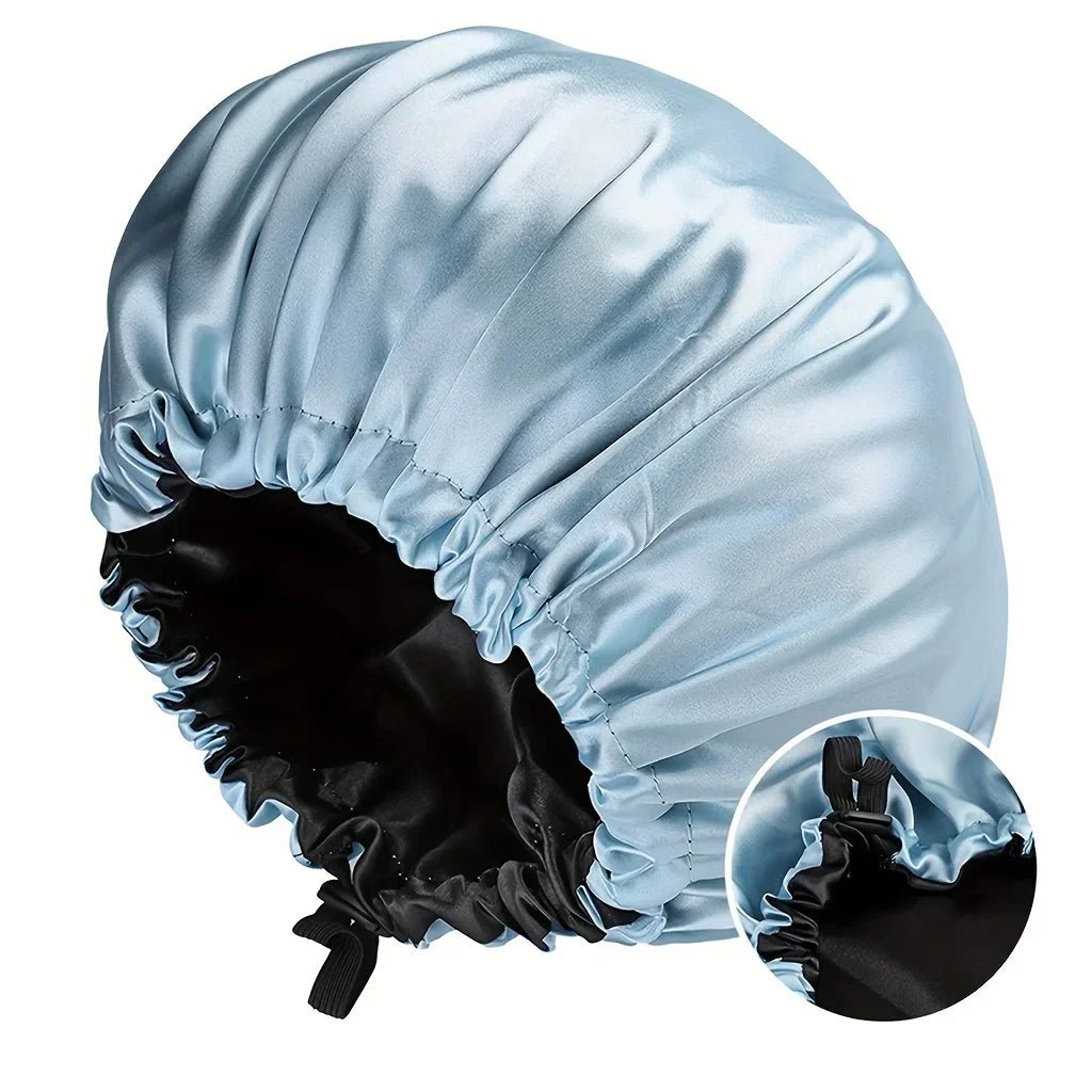 Perfecsy women's silk sleep bonnet with double layers, buttons, adjustable fit, designed for comfortable nightly wear.