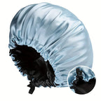 Perfecsy women's silk sleep bonnet with double layers, buttons, adjustable fit, designed for comfortable nightly wear.