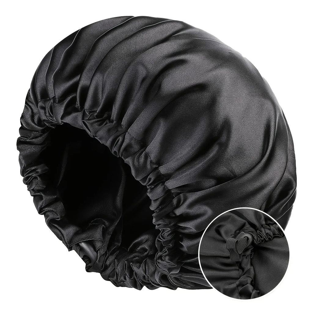 Soft silk women's sleep bonnet with double layers, buttons, and adjustable fit, ideal for comfortable nightly wear.