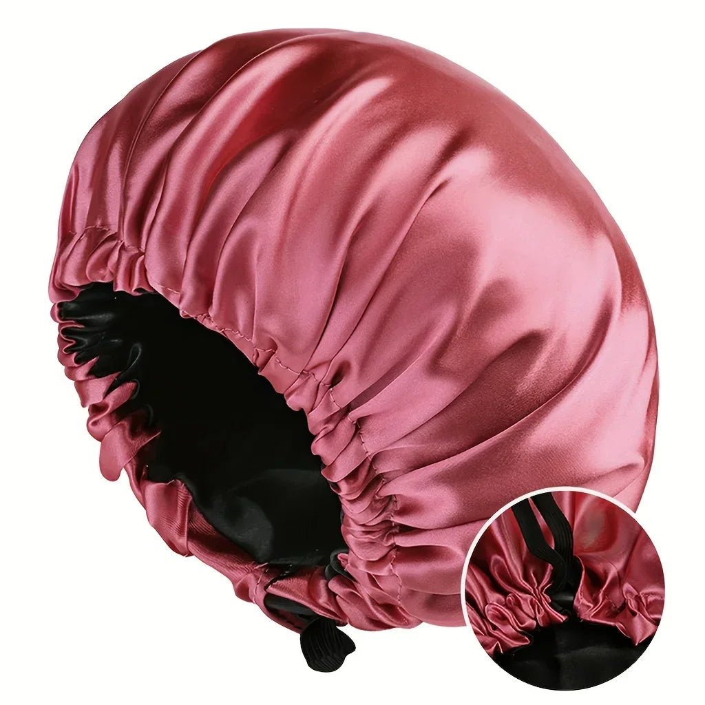Soft silk women's fashion bonnet with double layers, buttons, and adjustable fit, ideal for comfortable sleep and daily home wear.