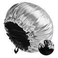 Soft silk women's sleep bonnet with double layers, buttons, and adjustable fit for comfortable nightly wear and hair protection.