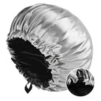 Soft silk women's sleep bonnet with double layers, buttons, and adjustable fit for comfortable nightly wear and hair protection.