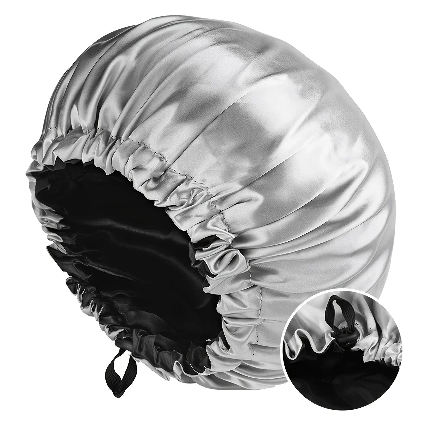 Soft silk women's sleep bonnet with double layers, buttons, and adjustable fit for comfortable nightly wear and hair protection.