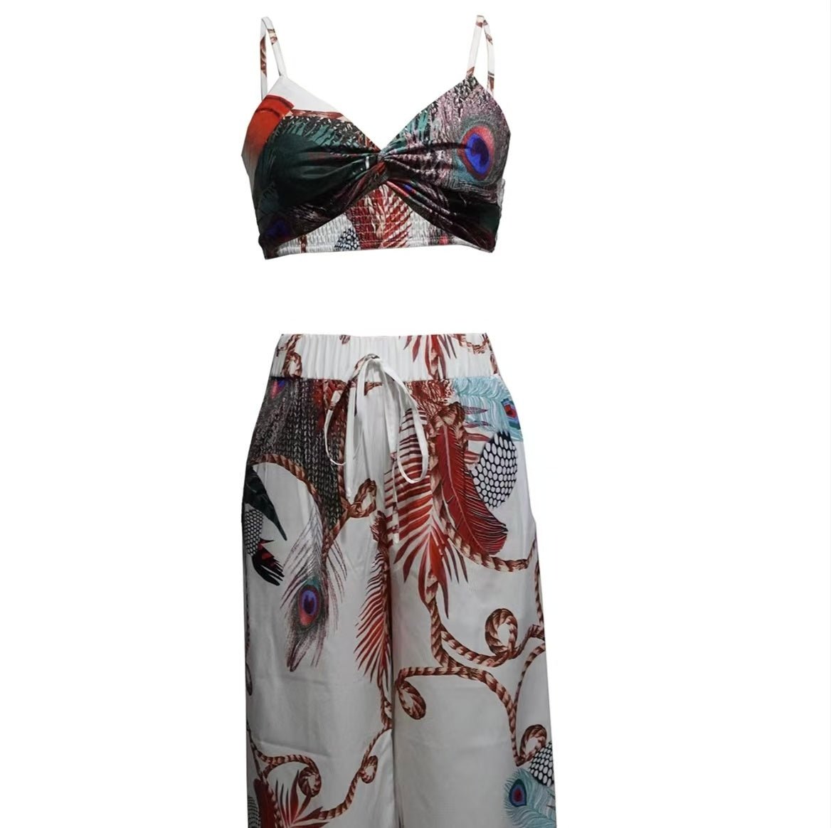 Women's feather print crop top and pants set by Plush Fashion Hub, casualwear 2-piece vacation outfit, with lightweight, stylish design.