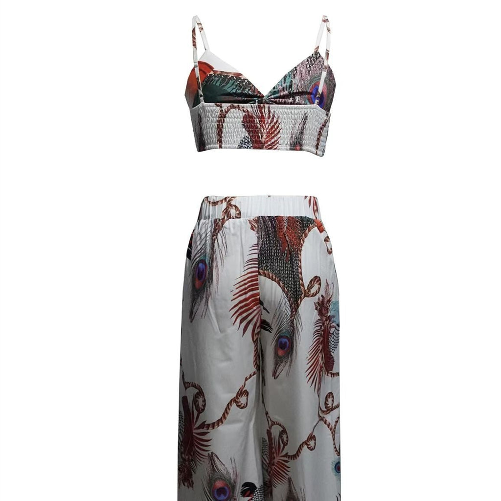 Women's feather print crop top and pants set by Plush Fashion Hub, casualwear 2-piece vacation outfit with stylish design.
