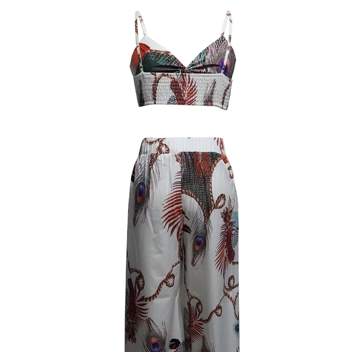 Women's feather print crop top and pants set by Plush Fashion Hub, casualwear 2-piece vacation outfit with stylish design.