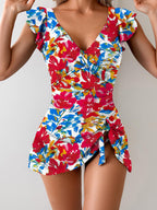 Women’s floral print one-piece swimsuit by Plush Fashion Hub, featuring a stylish casualwear design with vibrant floral patterns.