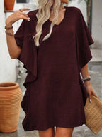 Women's flowy V-neck casual mini dress with ruffled sleeves, stylish and comfortable for everyday wear.