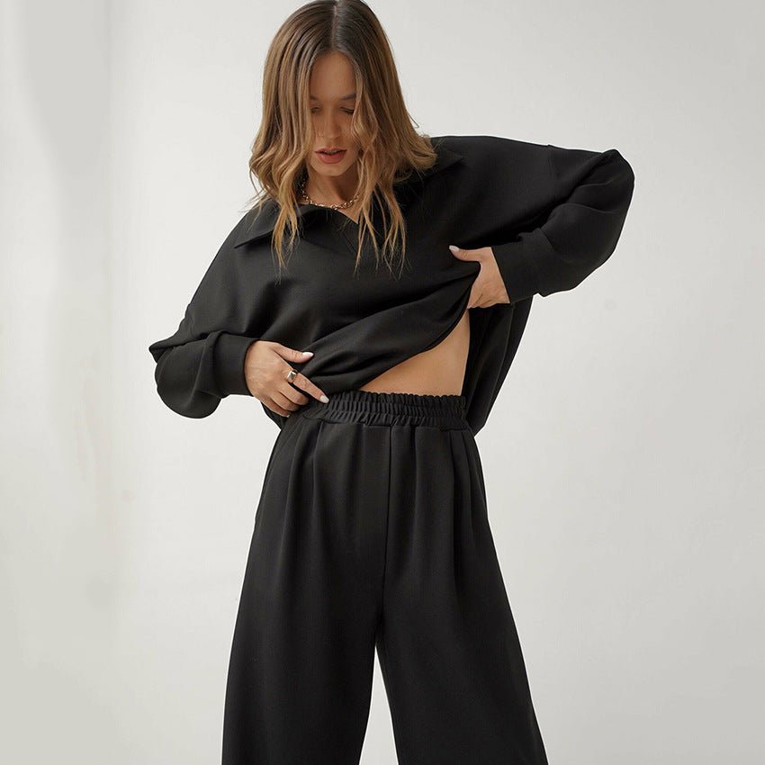 Women’s French casual two-piece suit with high-waist trousers and elegant top, stylish and comfortable casualwear by Plush Fashion Hub.
