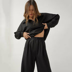 Women’s French casual two-piece suit with high-waist trousers and elegant top, stylish and comfortable casualwear by Plush Fashion Hub.
