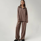 Women’s French casual two-piece suit with high-waist trousers, featuring an elegant, relaxed fit for stylish everyday wear.