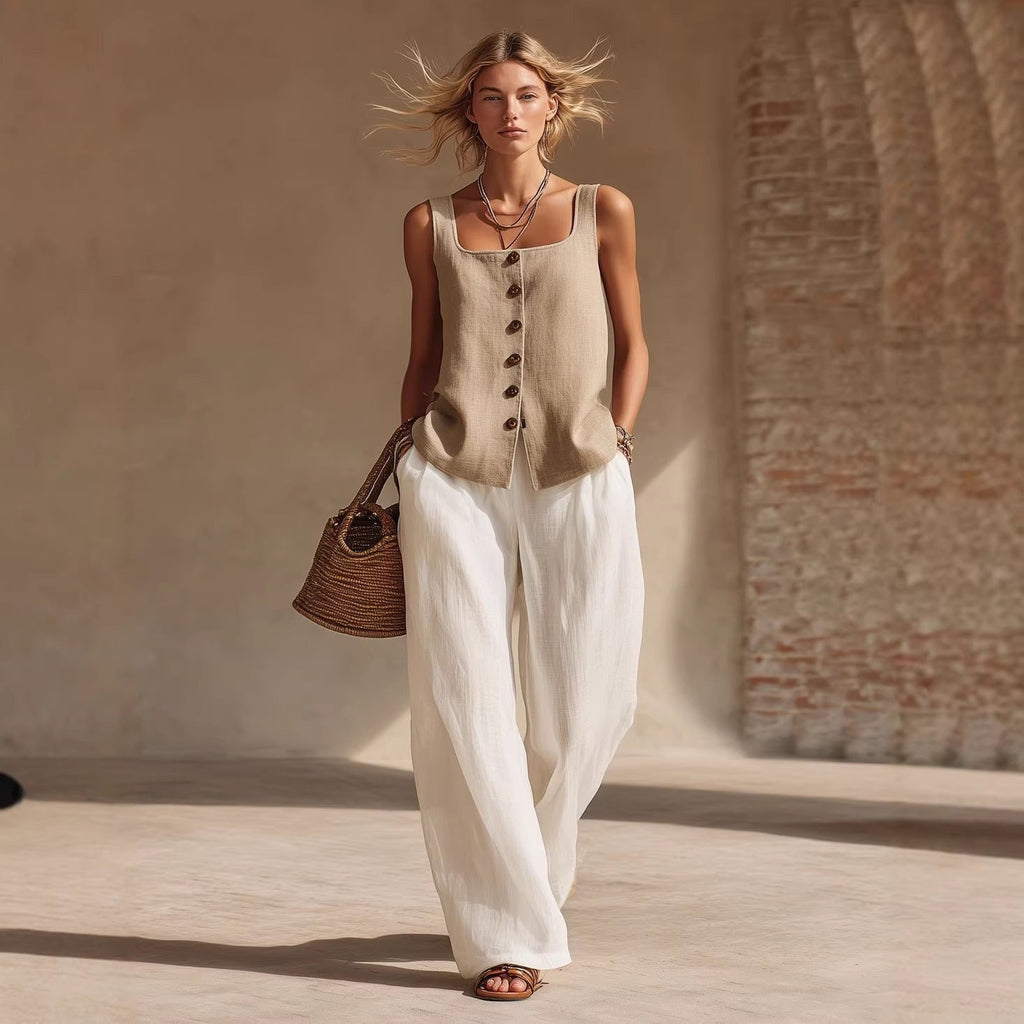 Women's sleeveless front-button cardigan and long pants set in casualwear style by Plush Fashion Hub, shown in natural light.