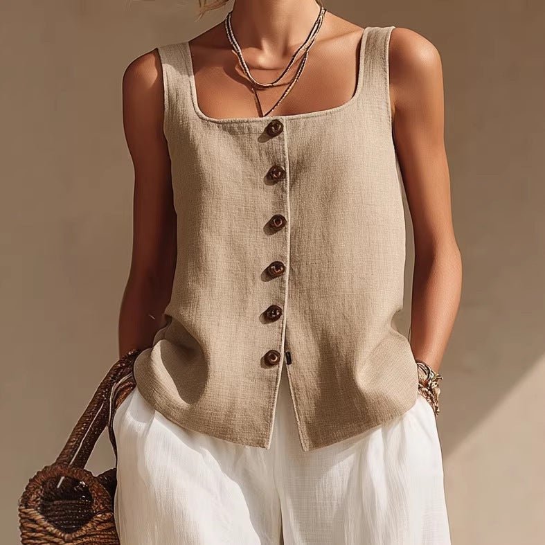 Women’s sleeveless cardigan top and long pants set by Plush Fashion Hub, casualwear with front buttons and comfortable fit.
