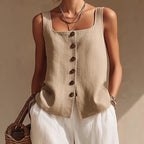 Women’s sleeveless cardigan top and long pants set by Plush Fashion Hub, casualwear with front buttons and comfortable fit.