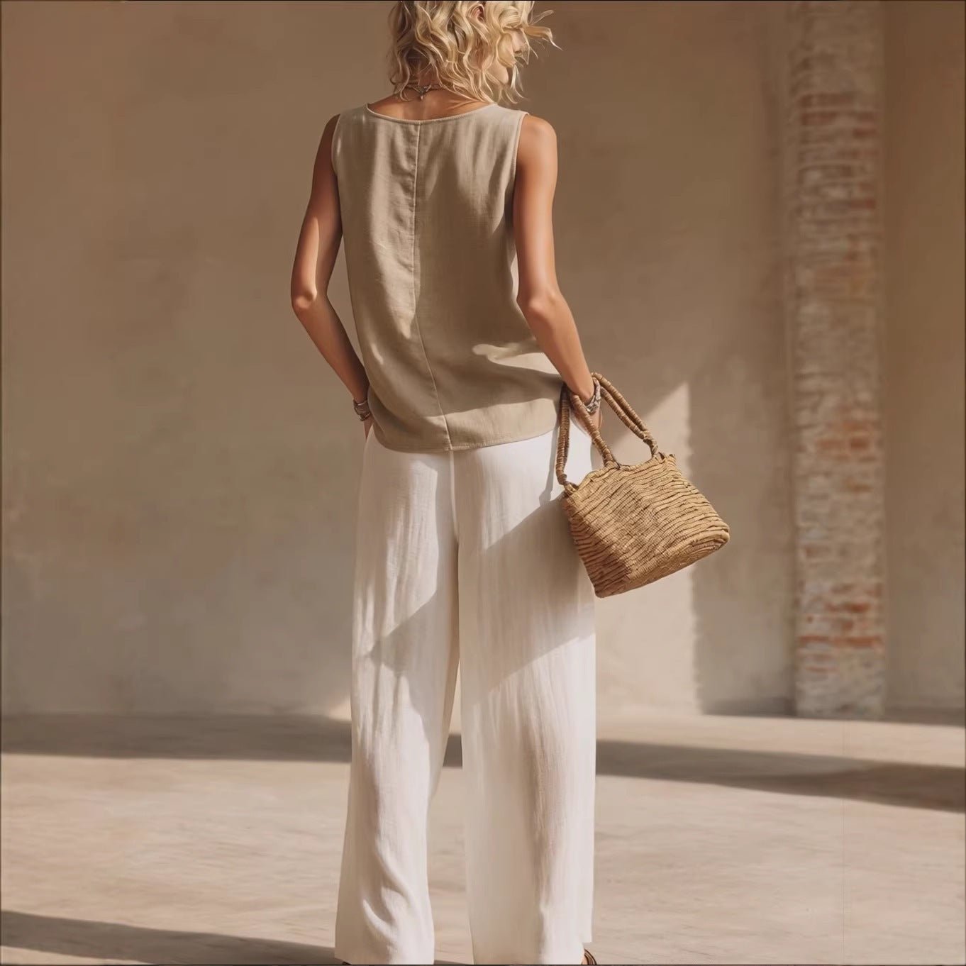Women's sleeveless button-front cardigan and long pants set in casualwear style by Plush Fashion Hub.