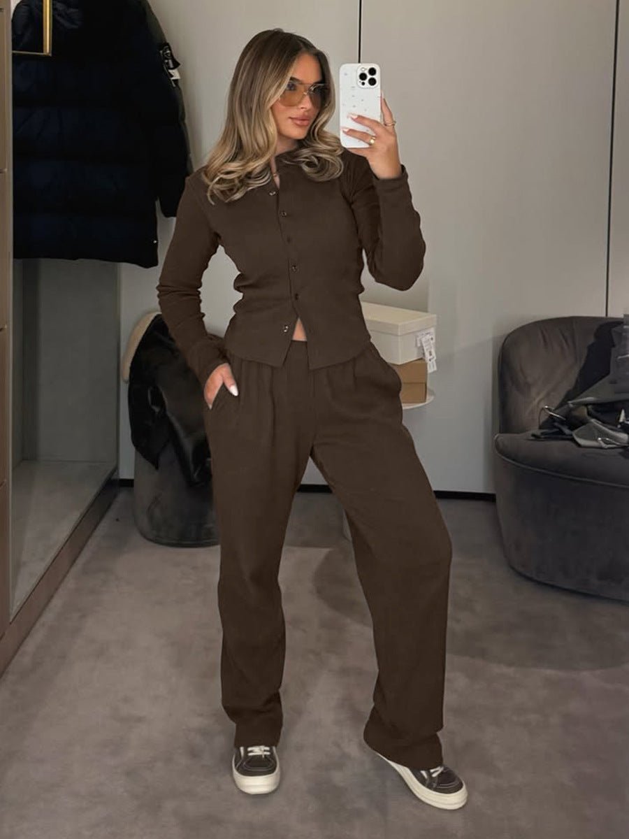 Women's ribbed knit cardigan and button-front trousers set, casualwear by Plush Fashion Hub, featuring a half-high-neck design.