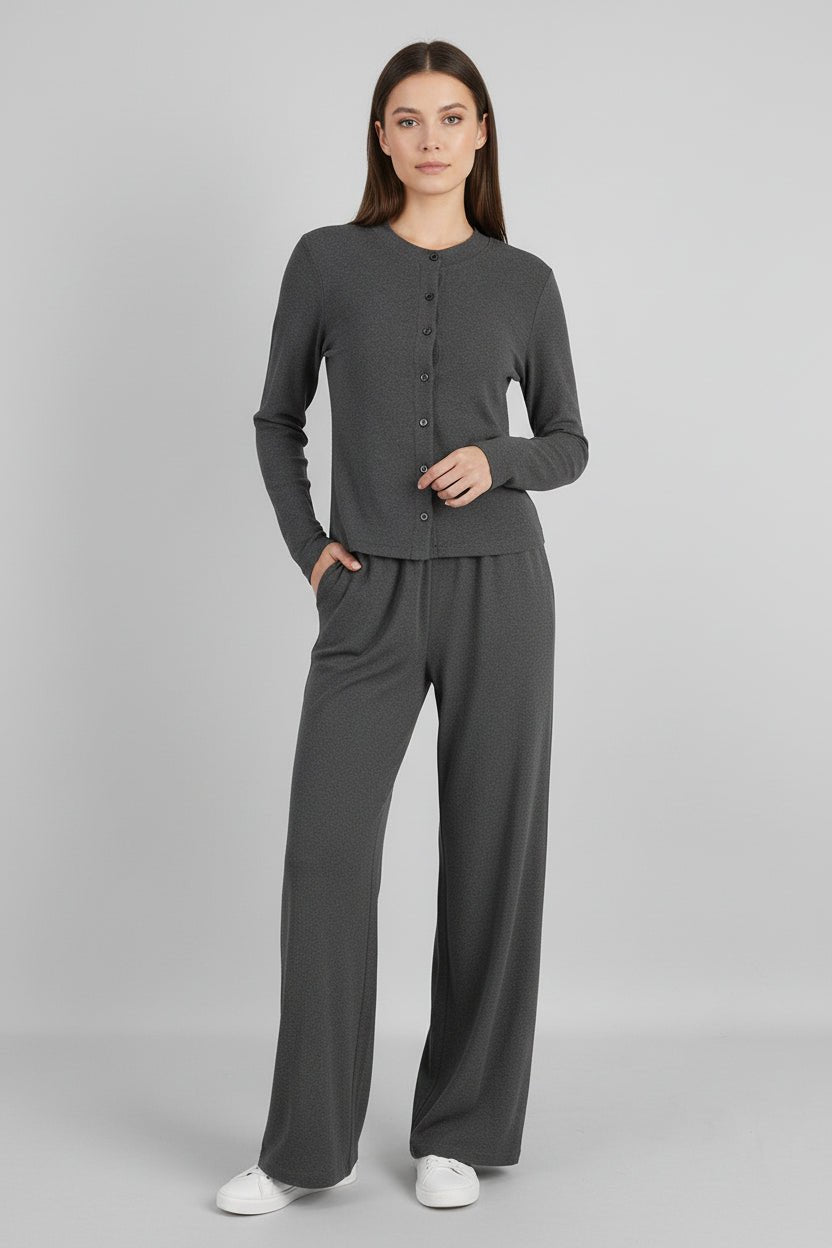 Women's ribbed knit cardigan and button-front trousers set in a casualwear style from Plush Fashion Hub, featuring a half-high-neck design.