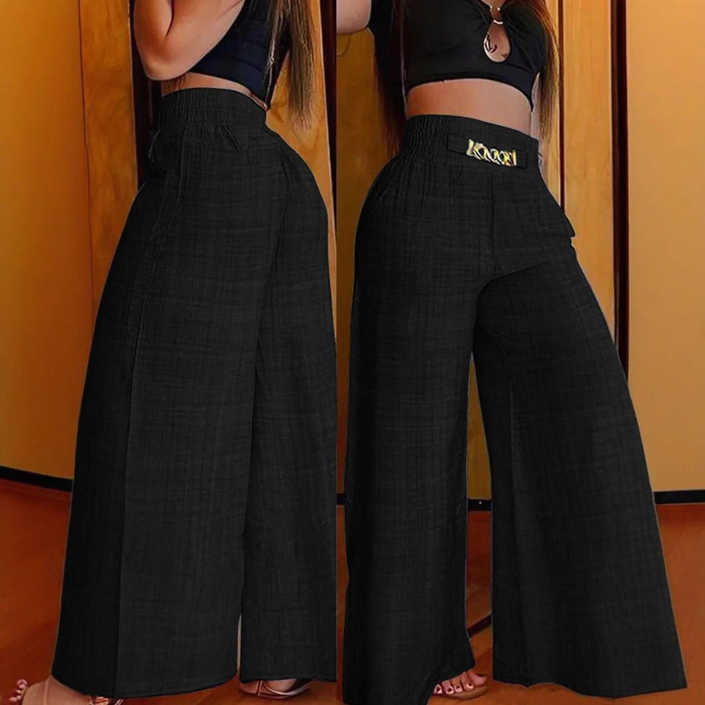 Women's high-waist drapey wide-leg casual pants with elastic drawstring in five colors, stylish and comfortable for everyday wear.